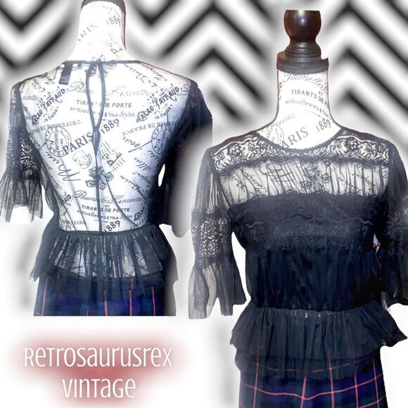 Gothic Style Sheer Chiffon&  Black Lace Peplum Blouse, Small - Picture 1 of 6